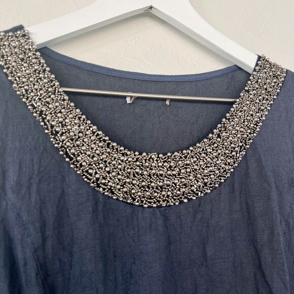 Lina Tomei Blue Beaded Linen Shift Dress Large - Picture 2 of 5